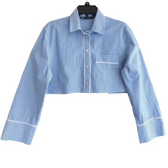 Zara Striped Cropped Button Down Shirt Womens Small Blue White Excellent - Picture 4 of 10